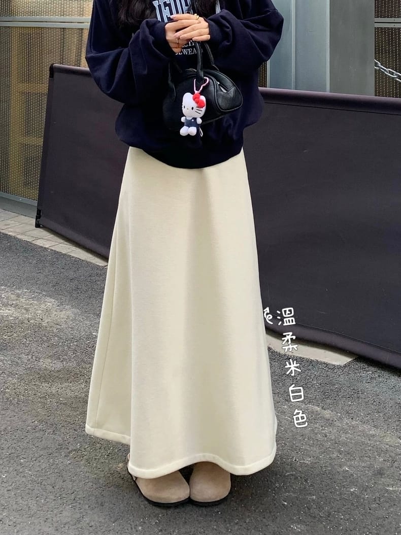 冬季溫柔風格加絨鬆緊帶長裙3