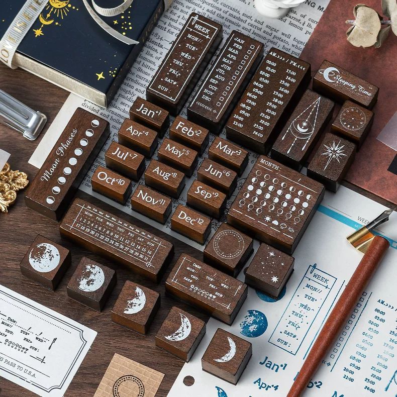 月相星輝木質印章套盒 30枚萬年曆 × 月亮手帳印章