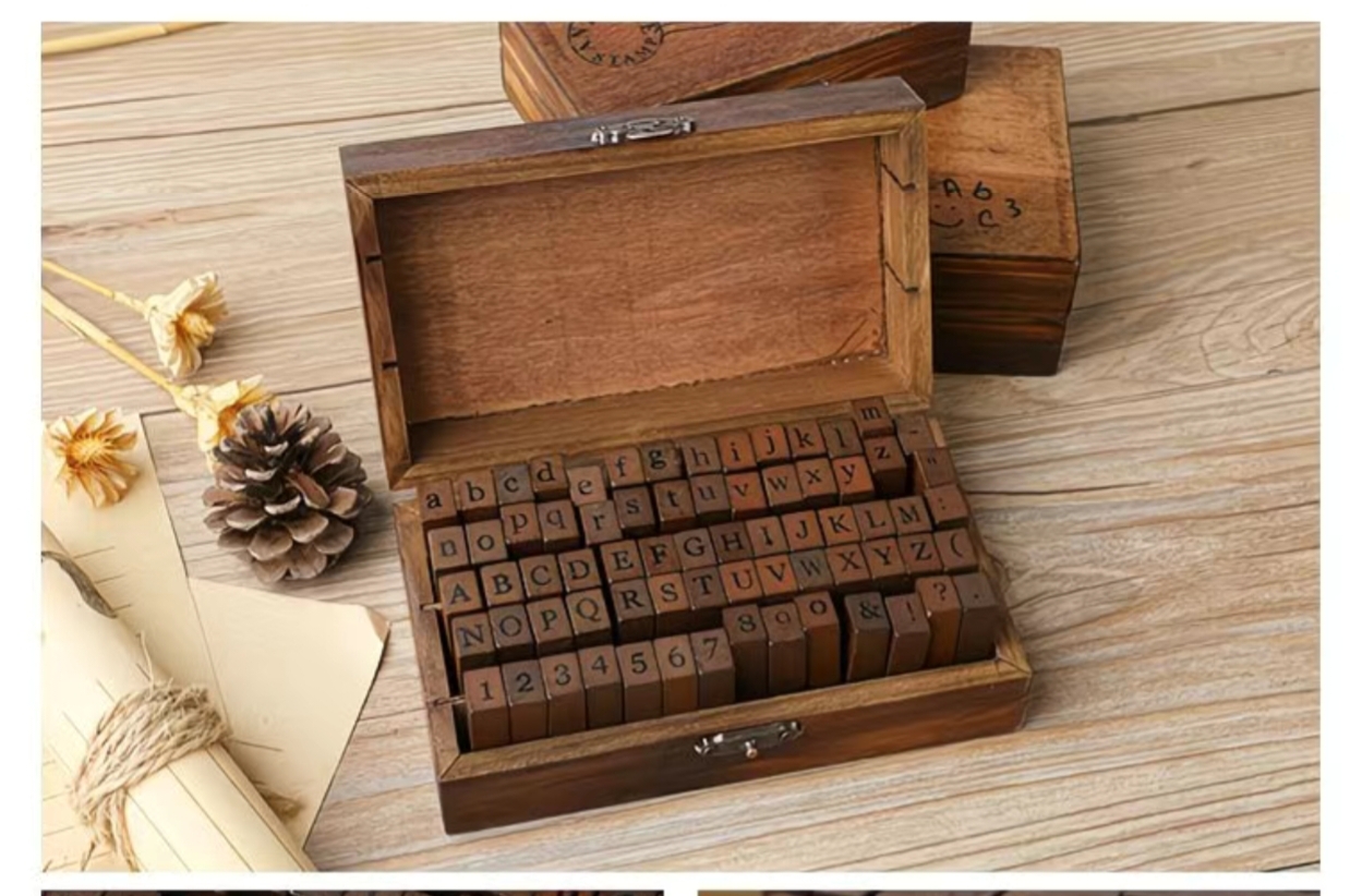 文青手作必備 復古木盒英文印章 70枚 字母×數字×符號全套