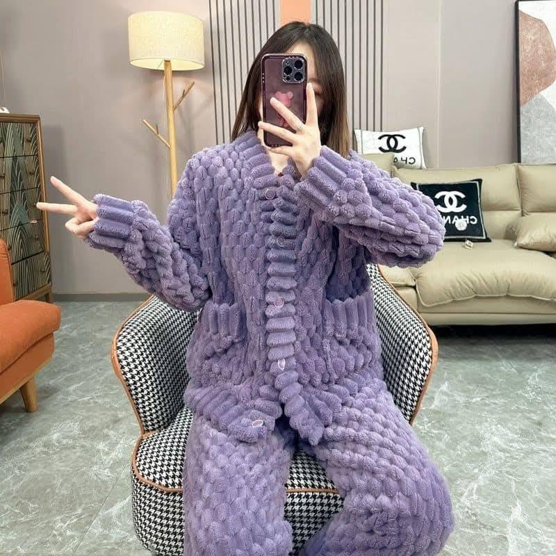 冬季長袖紫色珊瑚絨居家睡衣套裝3