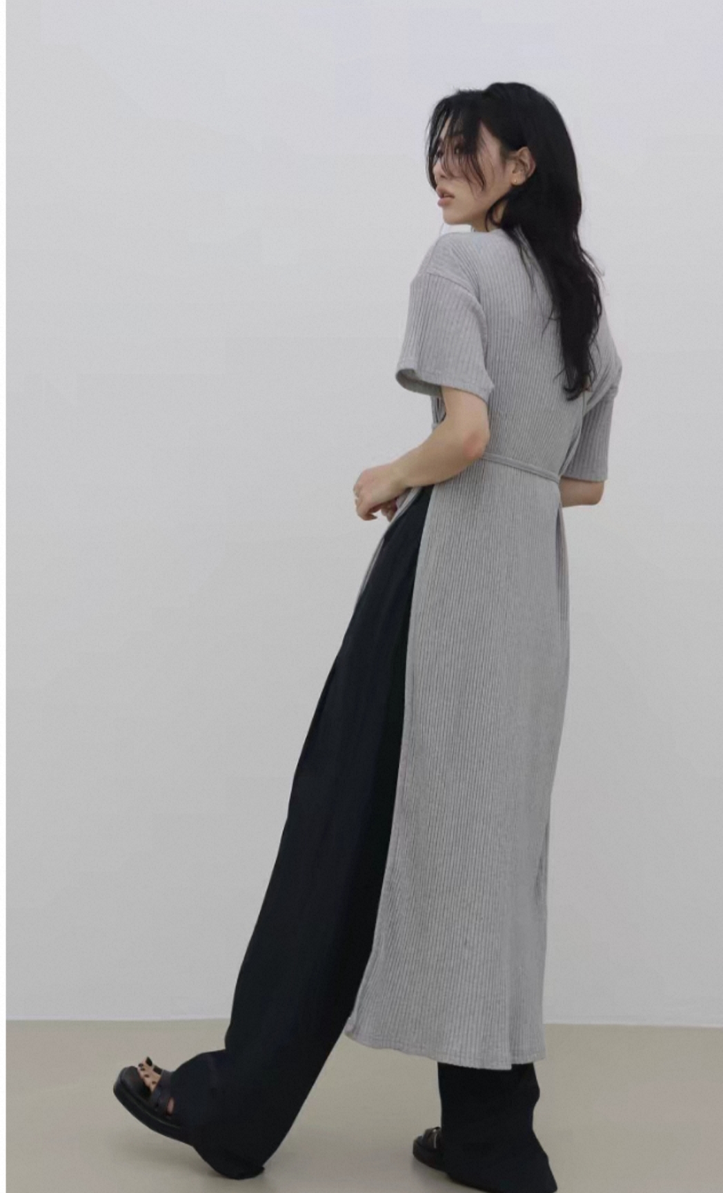 韓系極簡風 綁帶收腰側開叉長洋裝9