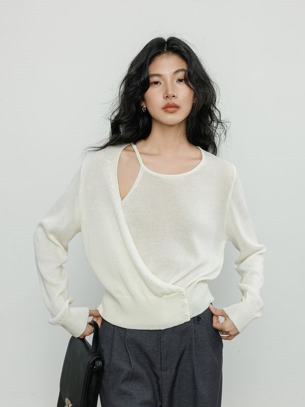 秋季新款極簡風寬鬆長袖上衣 解構設計針織衫