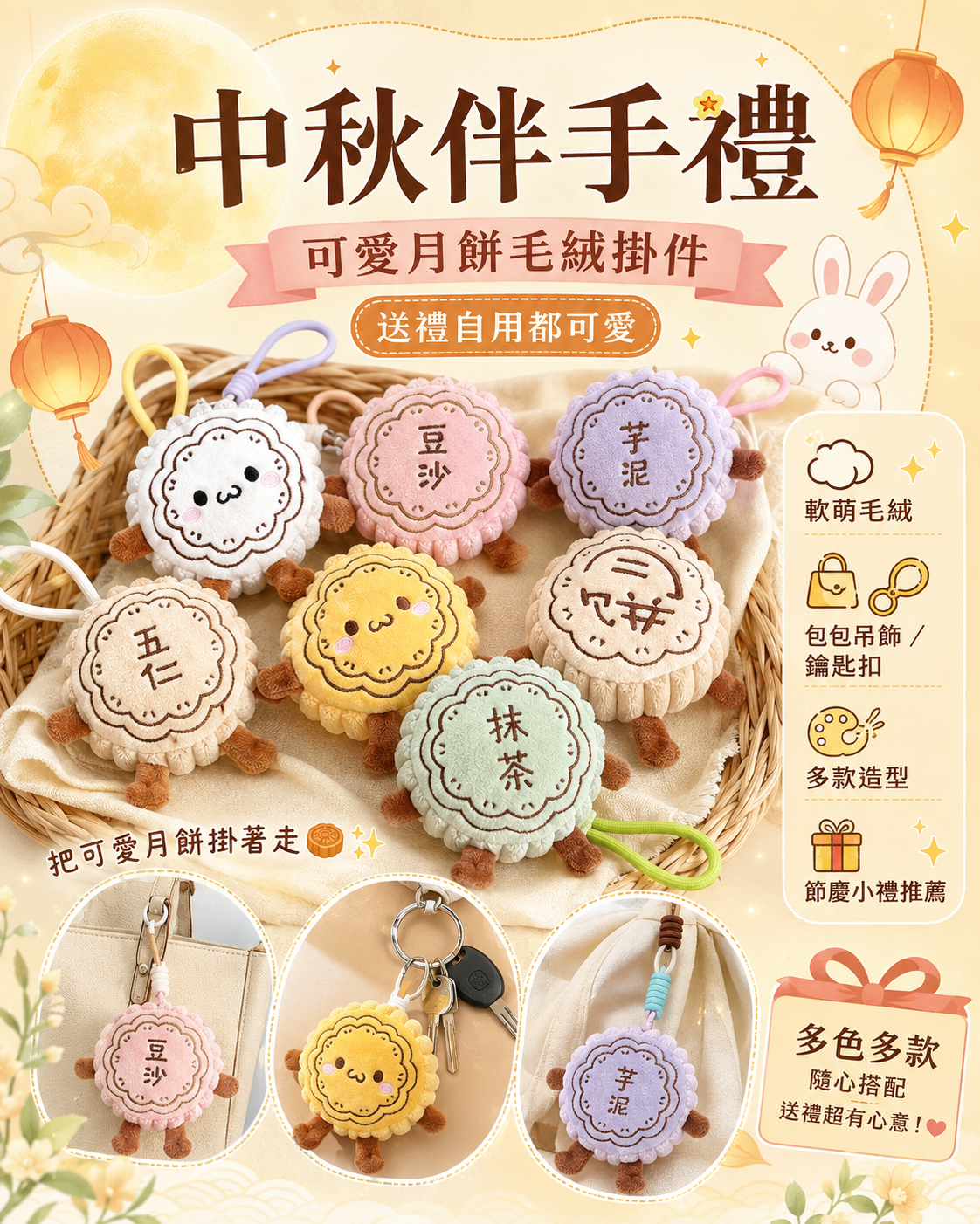 中秋萌趣月餅毛絨掛件6顆組 可愛包包吊飾・鑰匙扣・節日小禮物1