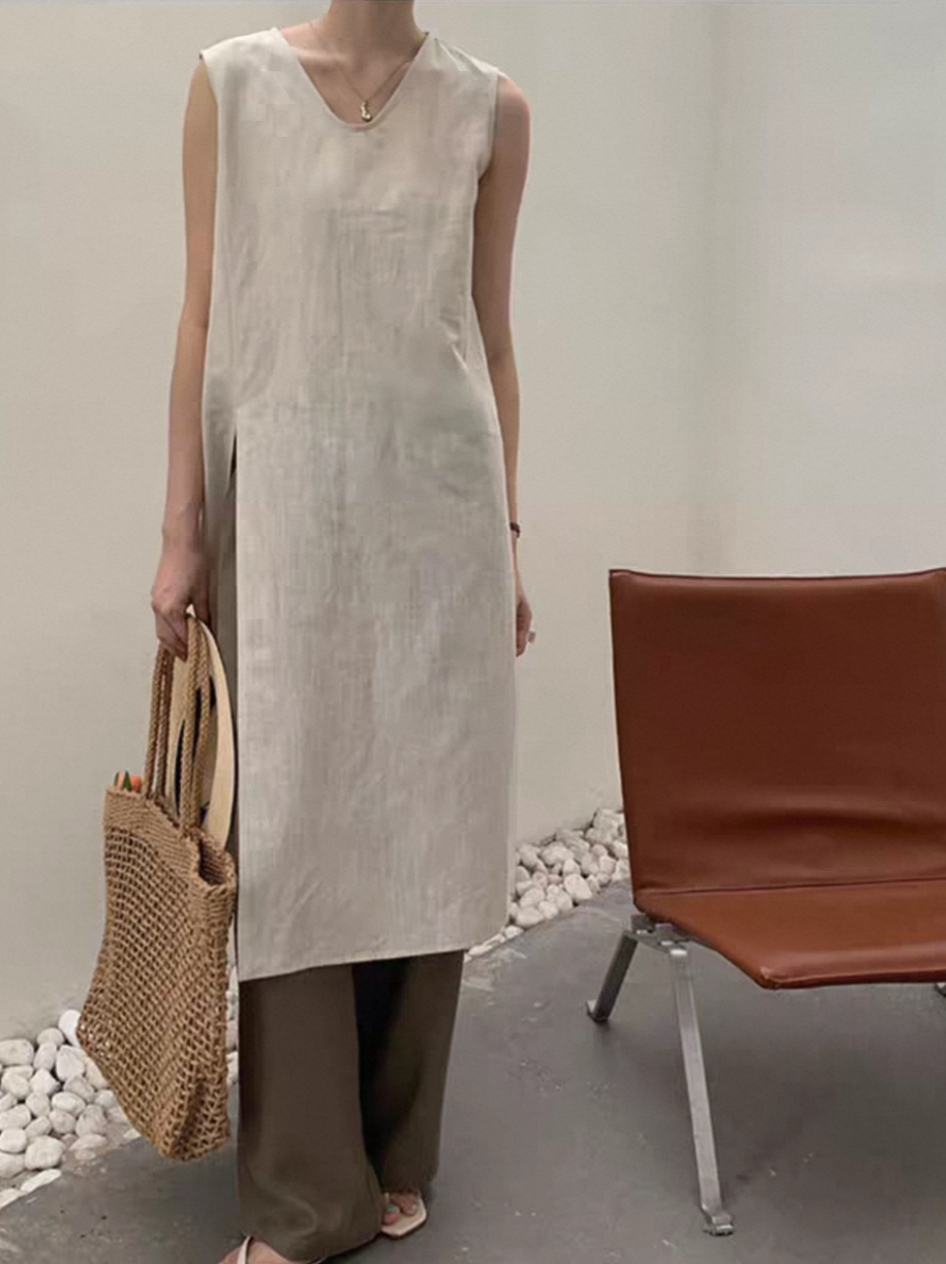 棉麻V領開衩無袖連身裙6