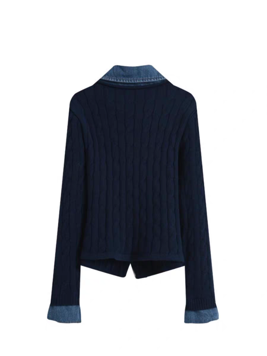 歐貨牛仔拼接針織衫 假兩件設計・秋冬高級氣質開襟上衣4