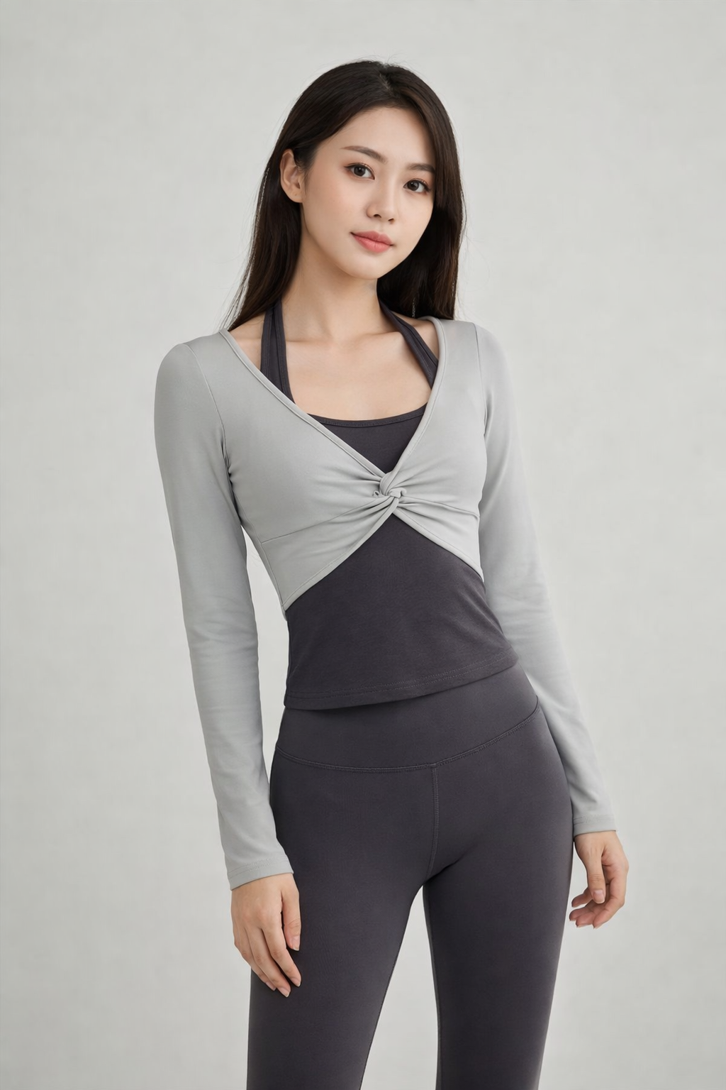 氣質撞色假兩件掛脖 修身顯瘦長袖運動T恤1