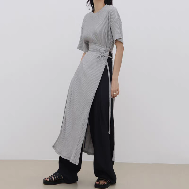 韓系極簡風 綁帶收腰側開叉長洋裝2