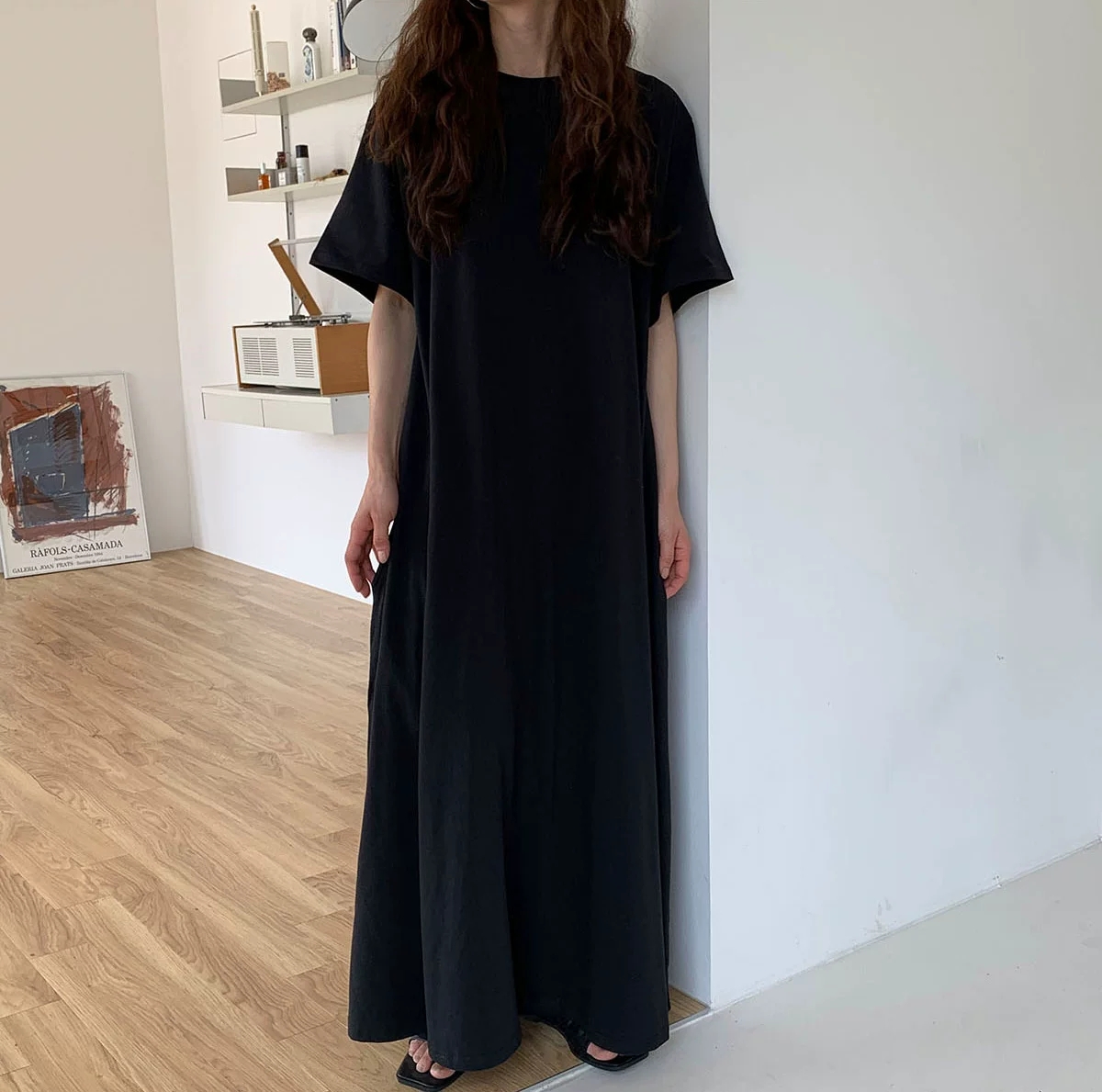 韓系慵懶風圓領寬鬆長版T恤洋裝6