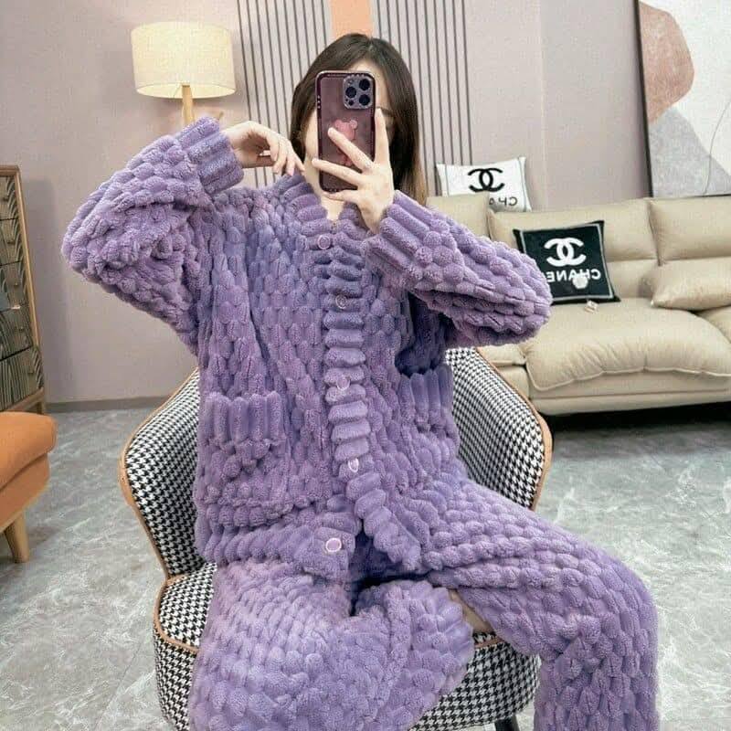 冬季長袖紫色珊瑚絨居家睡衣套裝