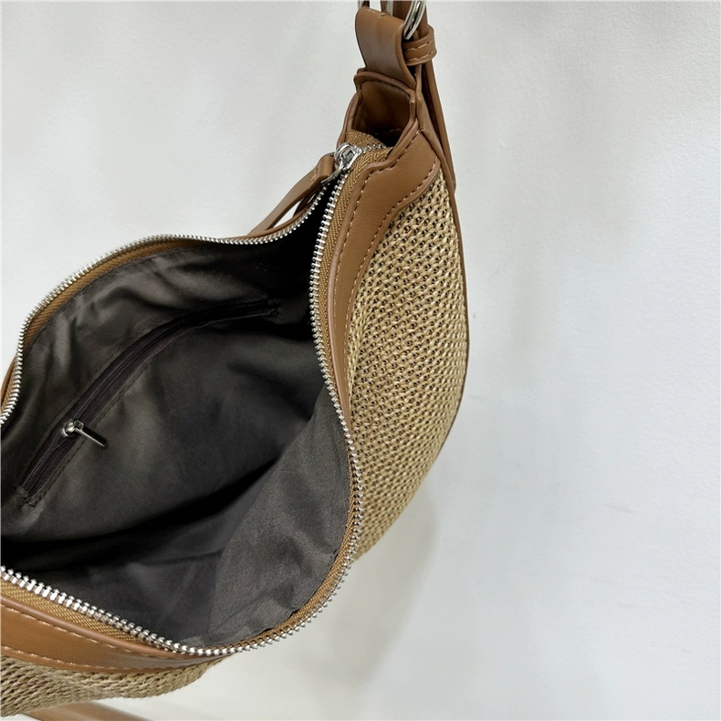 夏季拼接草編包 時尚通勤月牙單肩斜背包6