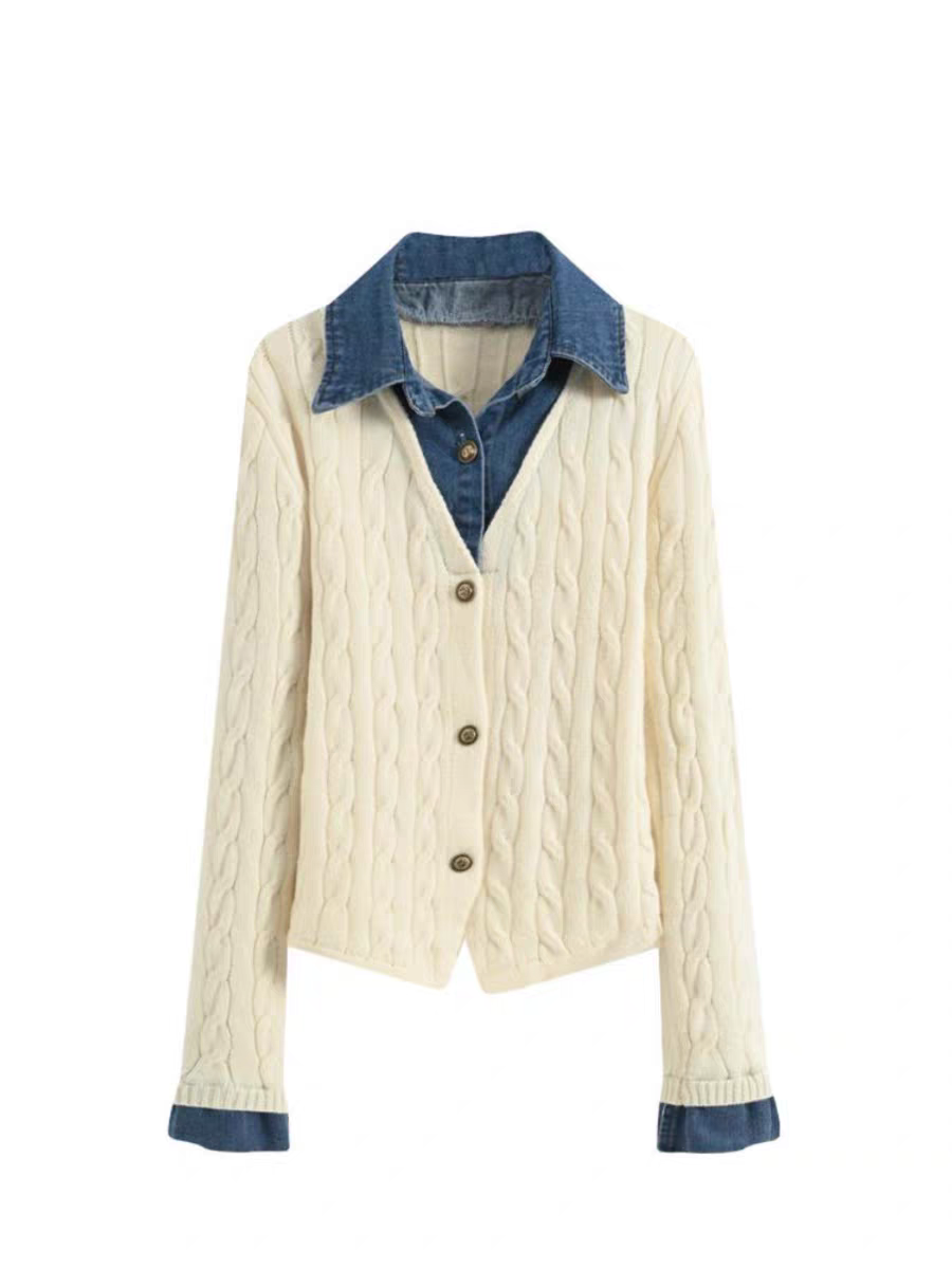 歐貨牛仔拼接針織衫 假兩件設計・秋冬高級氣質開襟上衣2