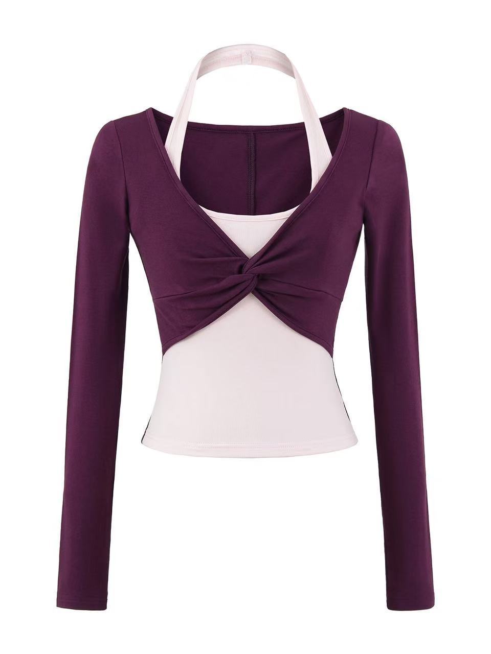 氣質撞色假兩件掛脖 修身顯瘦長袖運動T恤3