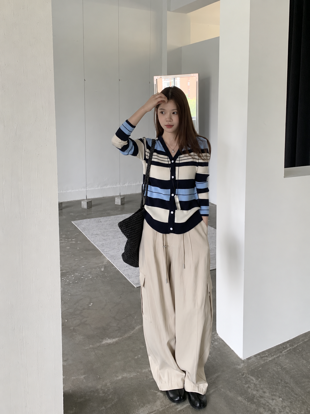 修身高階配色V領條紋開襟衫小外套3