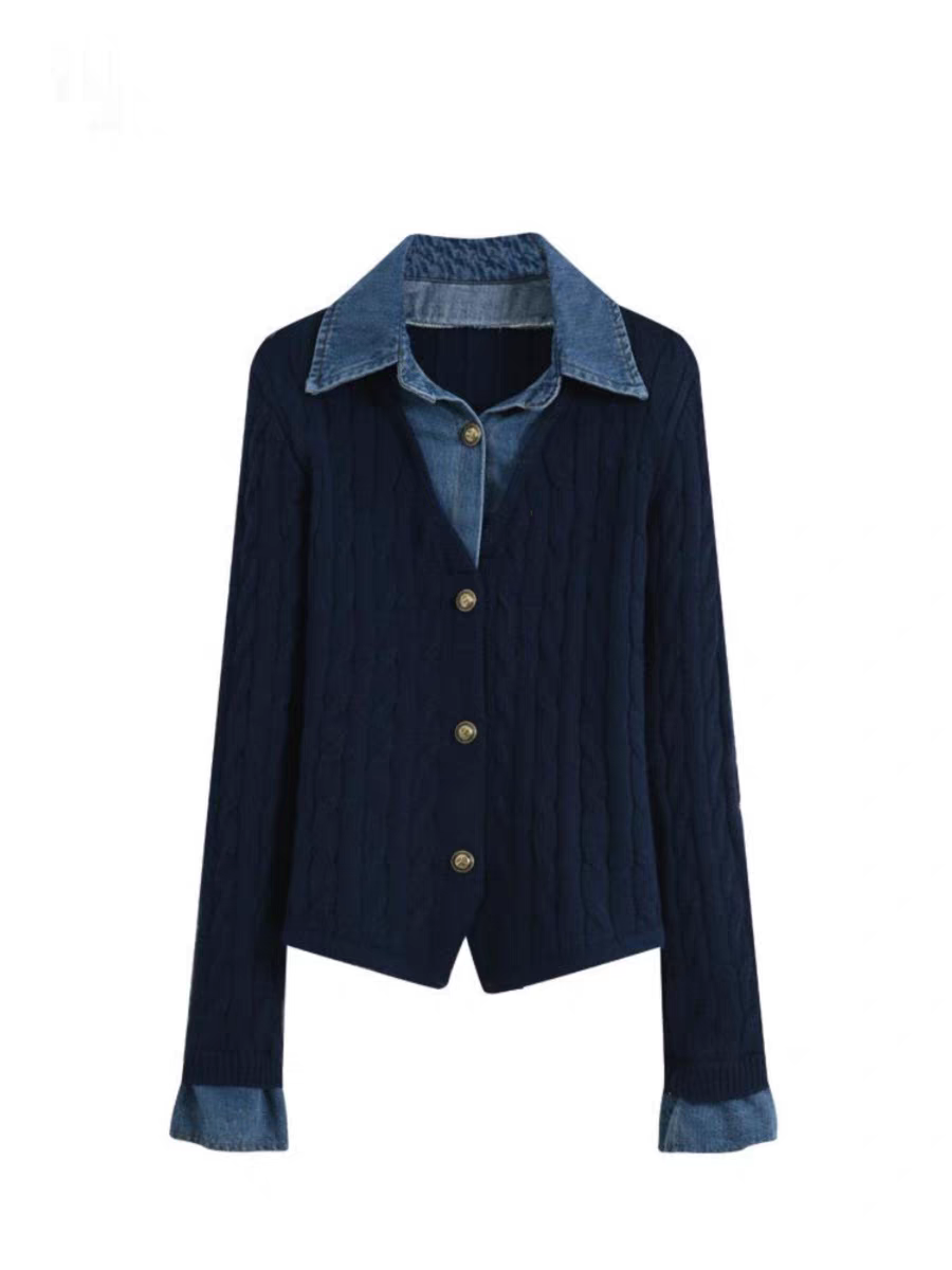 歐貨牛仔拼接針織衫 假兩件設計・秋冬高級氣質開襟上衣5