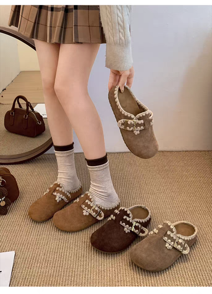 秋日奶油慵懶風 厚底內增高毛呢包頭拖鞋勃肯鞋