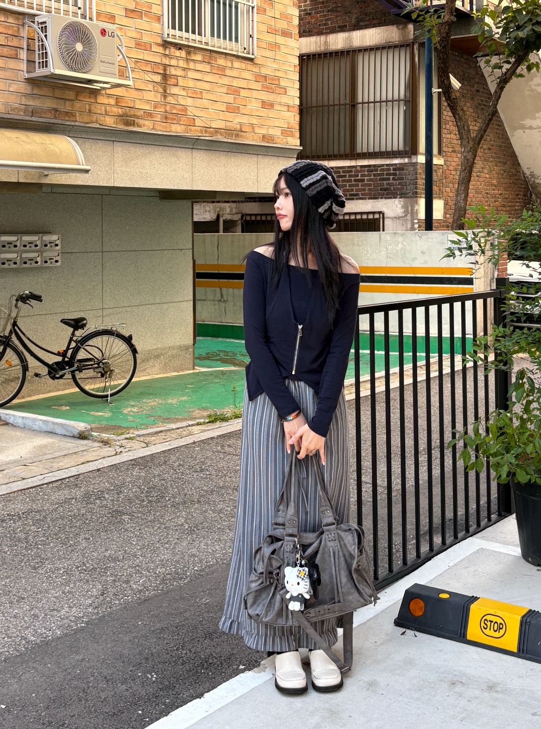 日系文青直線條紋長裙 1color3