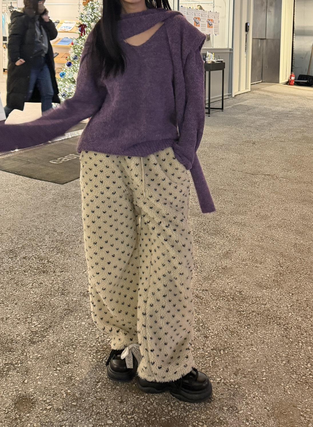 冬季限定 愛心波點羊羔毛寬褲
