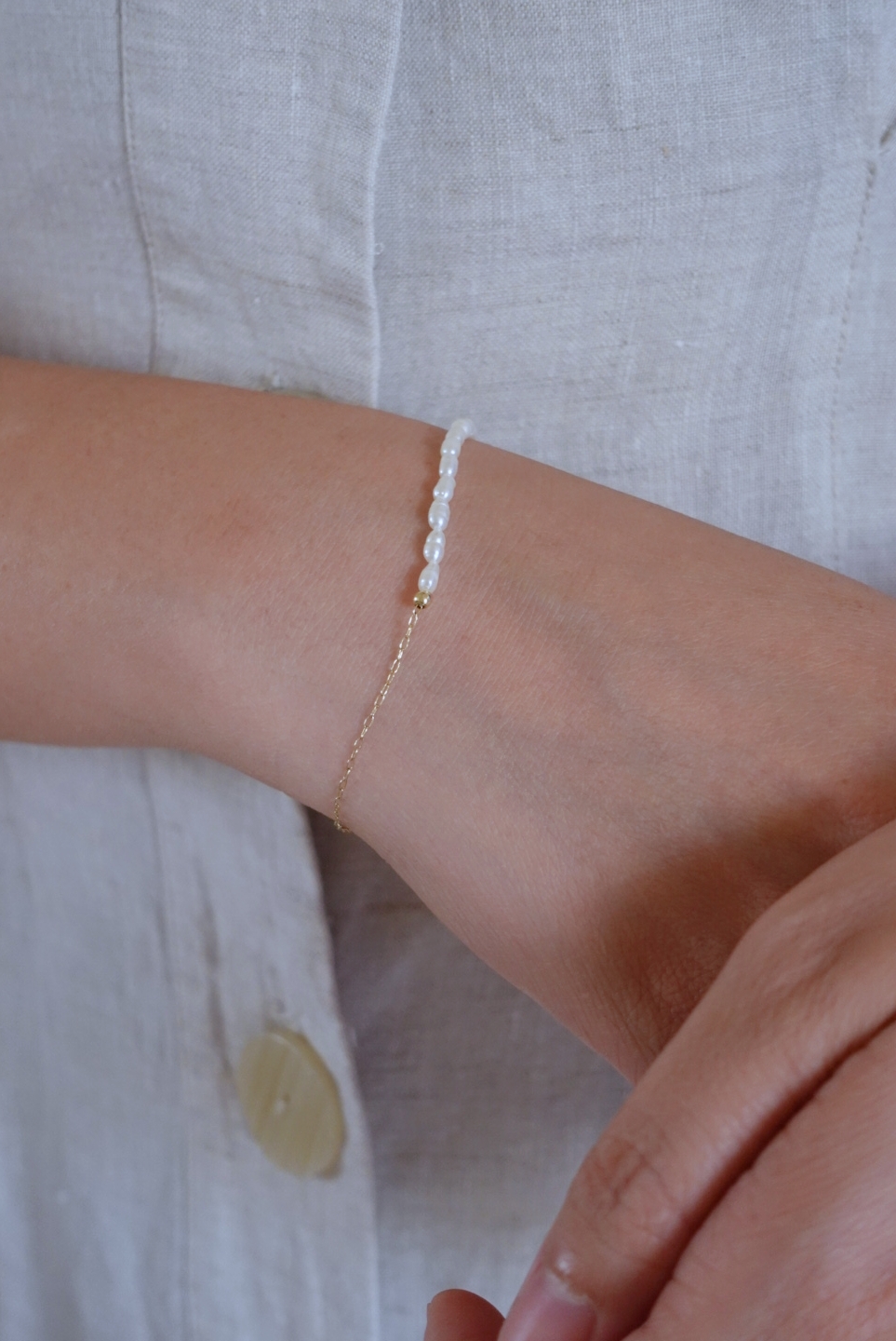 珍珠半半細長方手鍊 14KGF