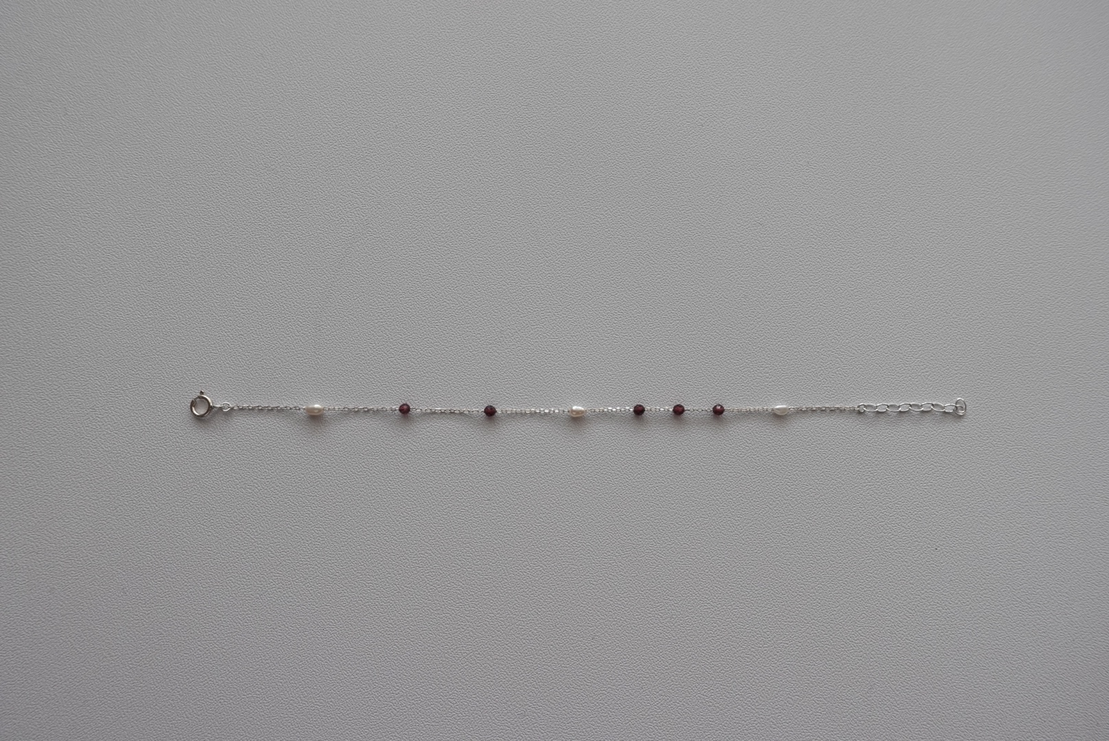 珍珠 紅石榴石 間隔純銀手鍊 S9255