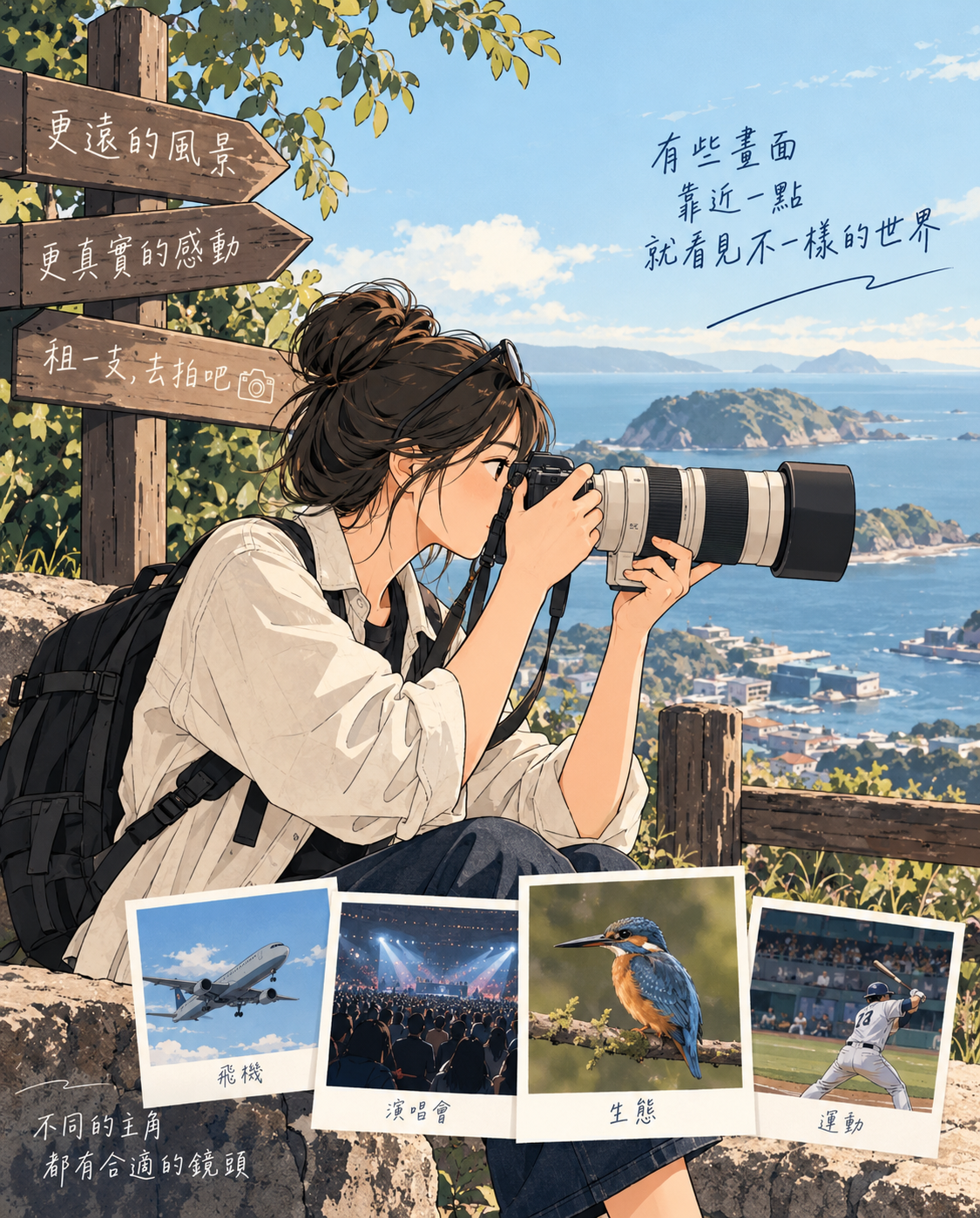 女性攝影者在海岸制高點使用長焦拍攝遠景的日漫情境插畫