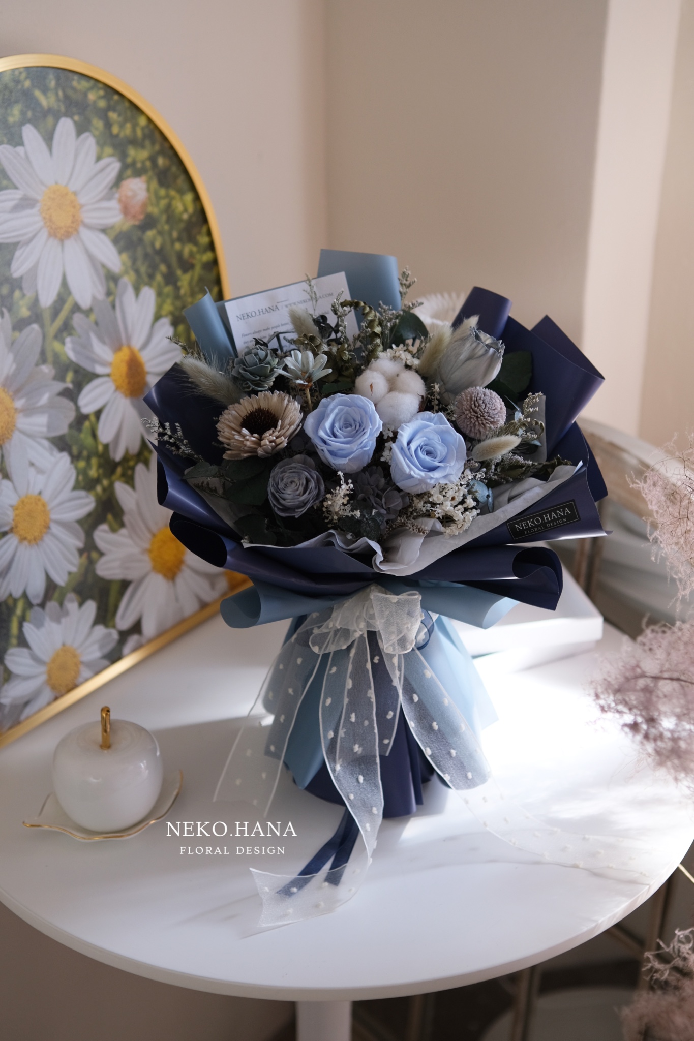水藍色永生花束 中款 乾燥花 永生花束 乾燥 永生花禮系列 Neko Hana Florist