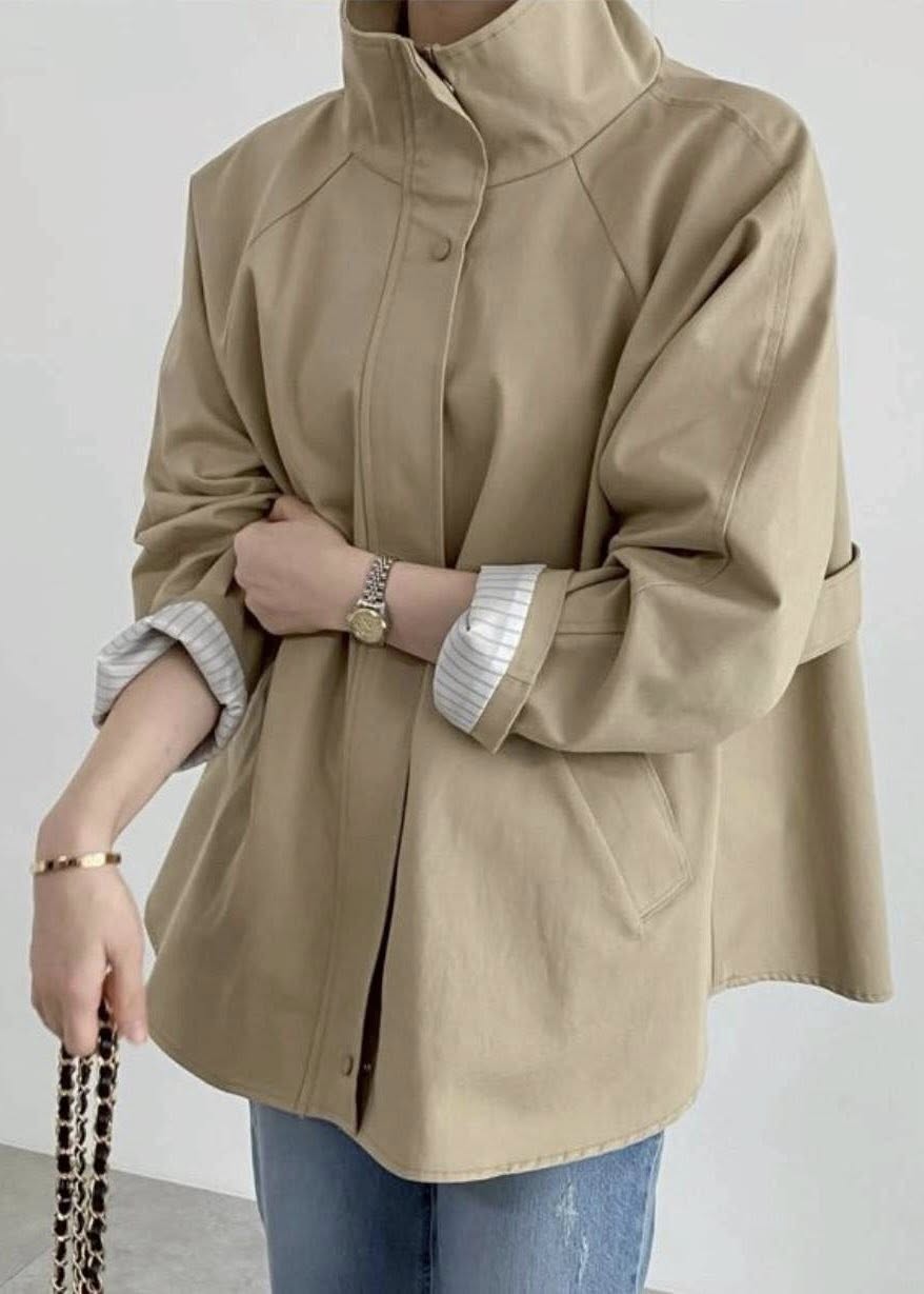 韓國RUN 長版立領外套-寬鬆素面傘狀條紋拼接長袖風衣*2色 K12098811