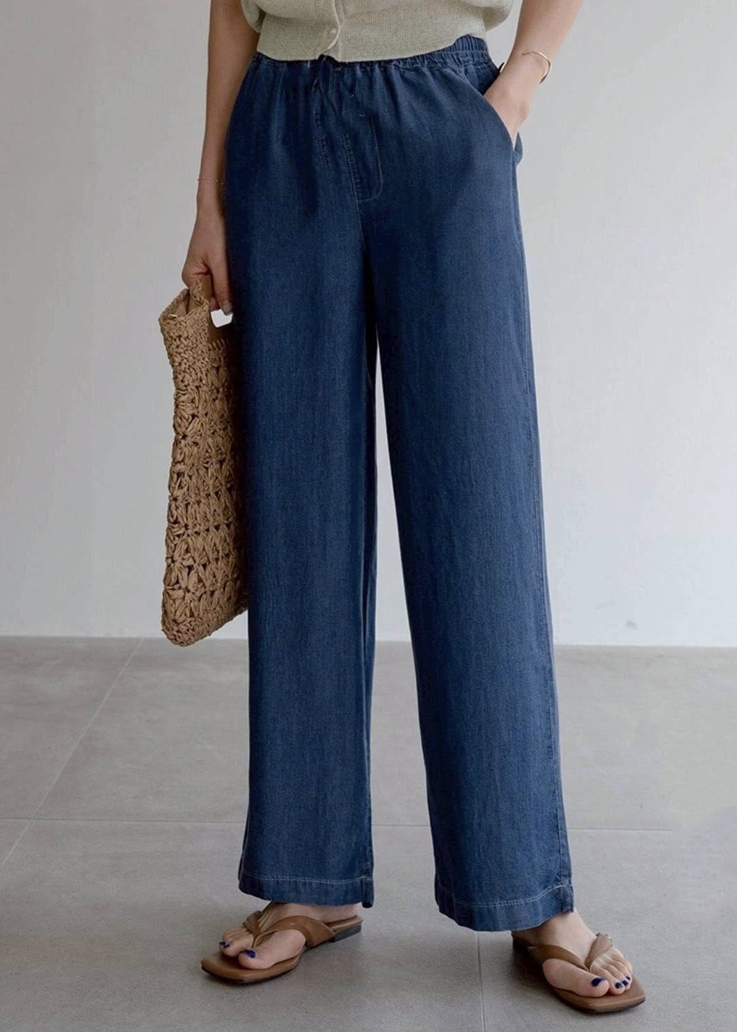 百搭水洗棉牛仔寬褲*2色 K08045