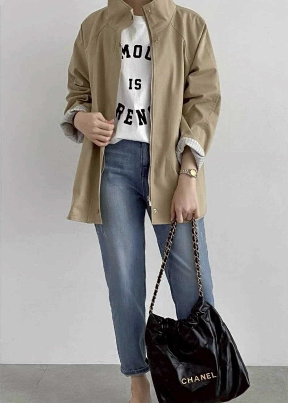 韓國RUN 長版立領外套-寬鬆素面傘狀條紋拼接長袖風衣*2色 K1209883