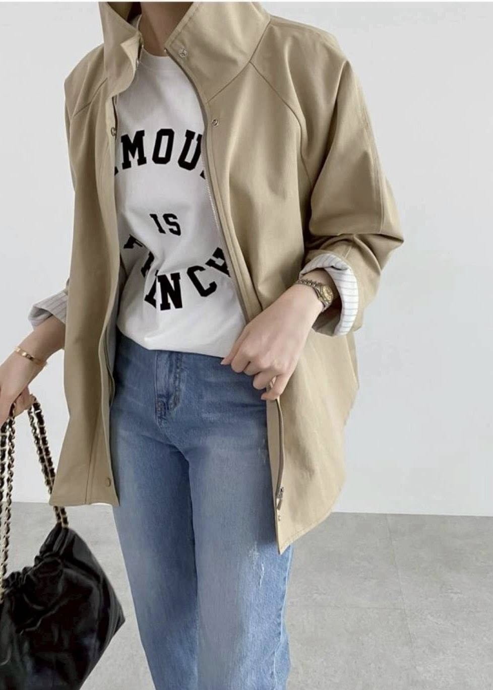 韓國RUN 長版立領外套-寬鬆素面傘狀條紋拼接長袖風衣*2色 K1209884