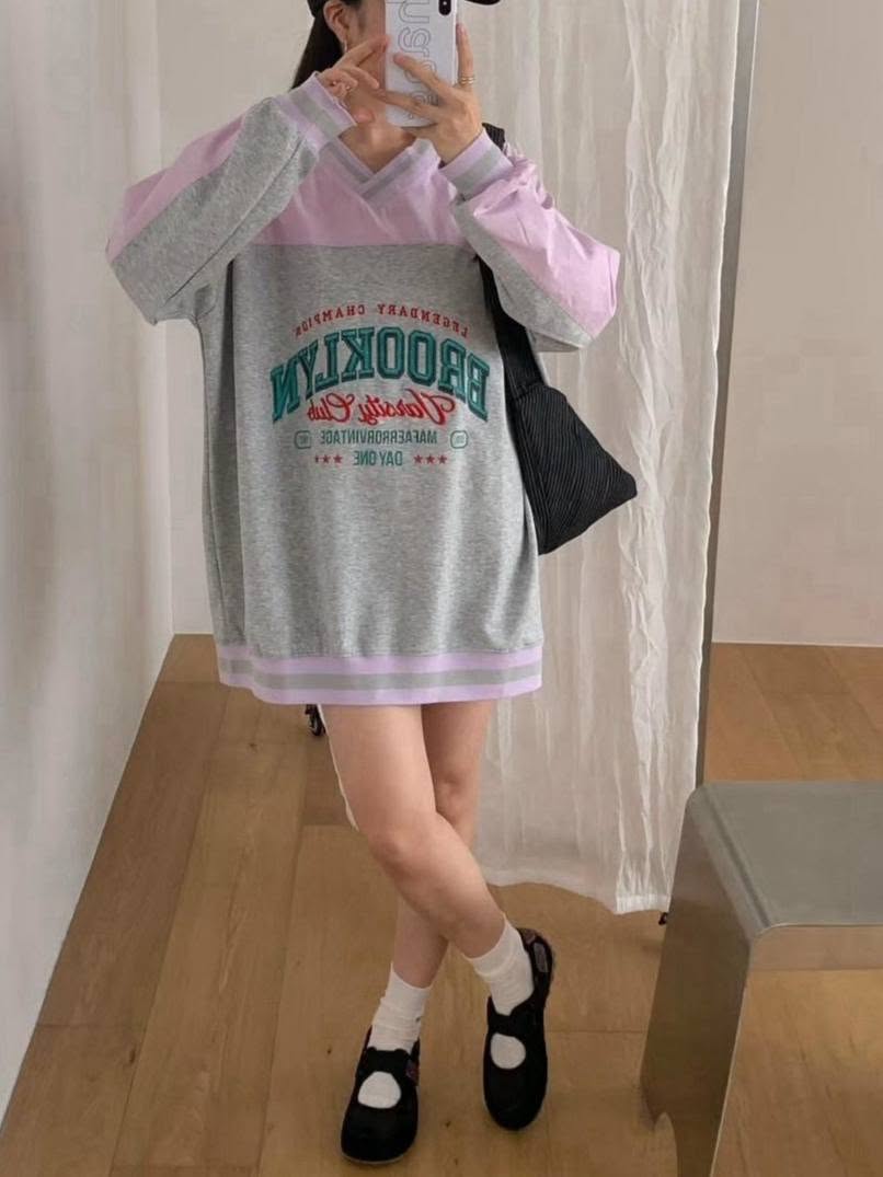 棉麻拼接撞色大學t*2色B79112