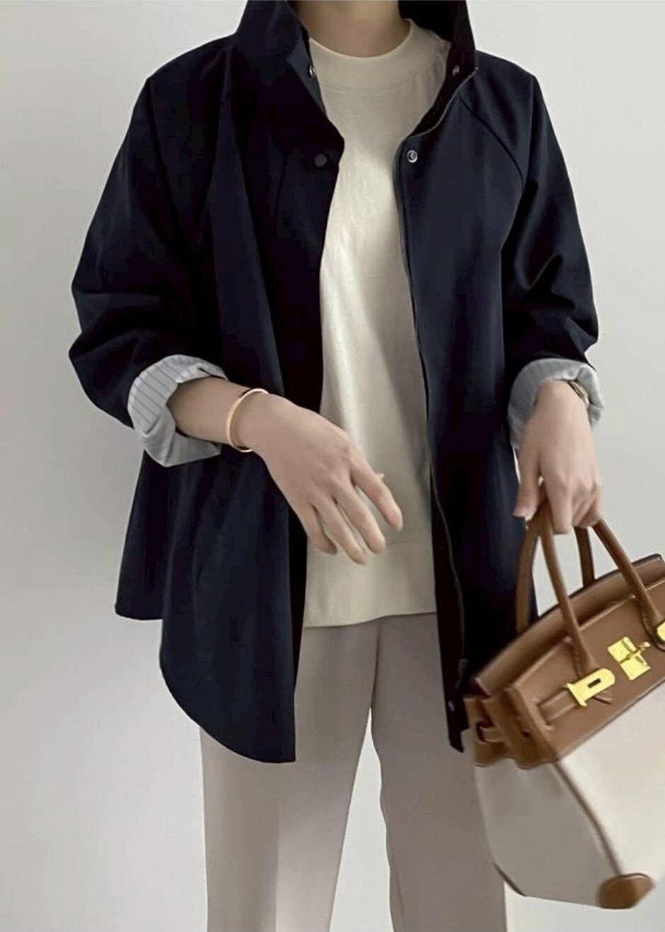 韓國RUN 長版立領外套-寬鬆素面傘狀條紋拼接長袖風衣*2色 K1209882