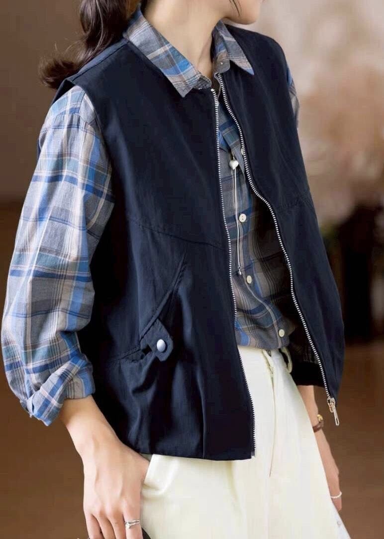 洗水棉圓領拉鏈款背心外套*2色 KB0880563