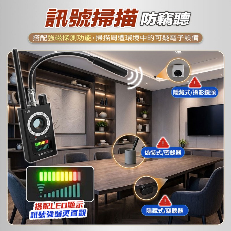 【UTA鴻嘉源】四合一高靈敏鏡頭探測器 K18 (防針孔偷拍/防竊聽設備/GPS強磁定位偵測/IR紅外線針孔查找/1000mAh大電量/出遊必備)7