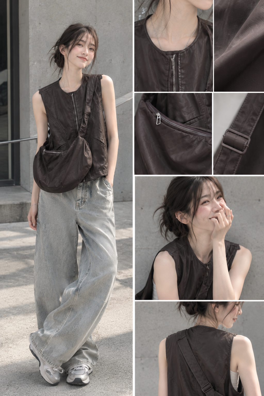 MODO Utility Sling Vest|韓系.簡約高級感皮質背心+包包 兩件套5