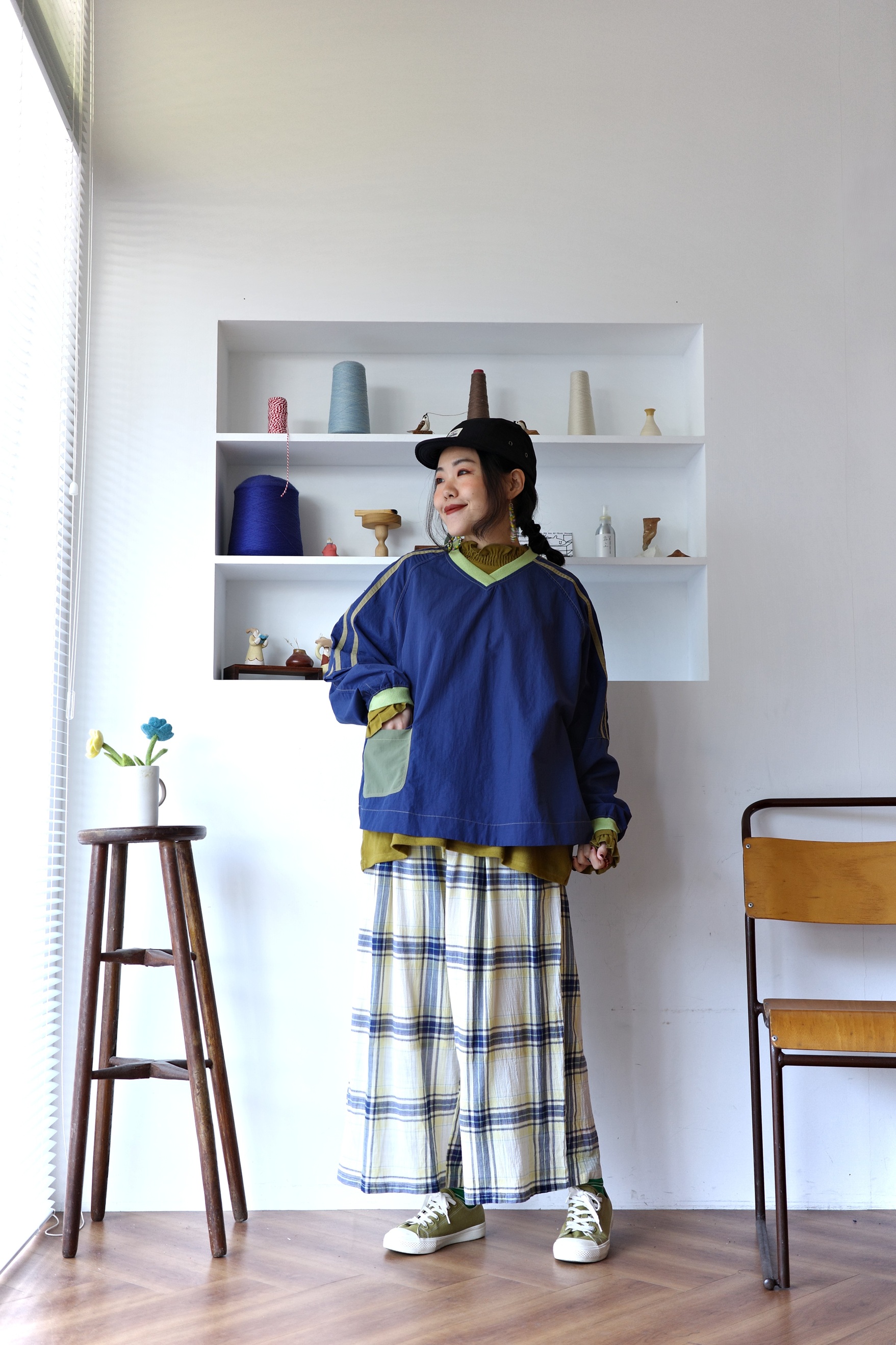 𓏭口袋虛線小麵包刺繡舒服格紋褲