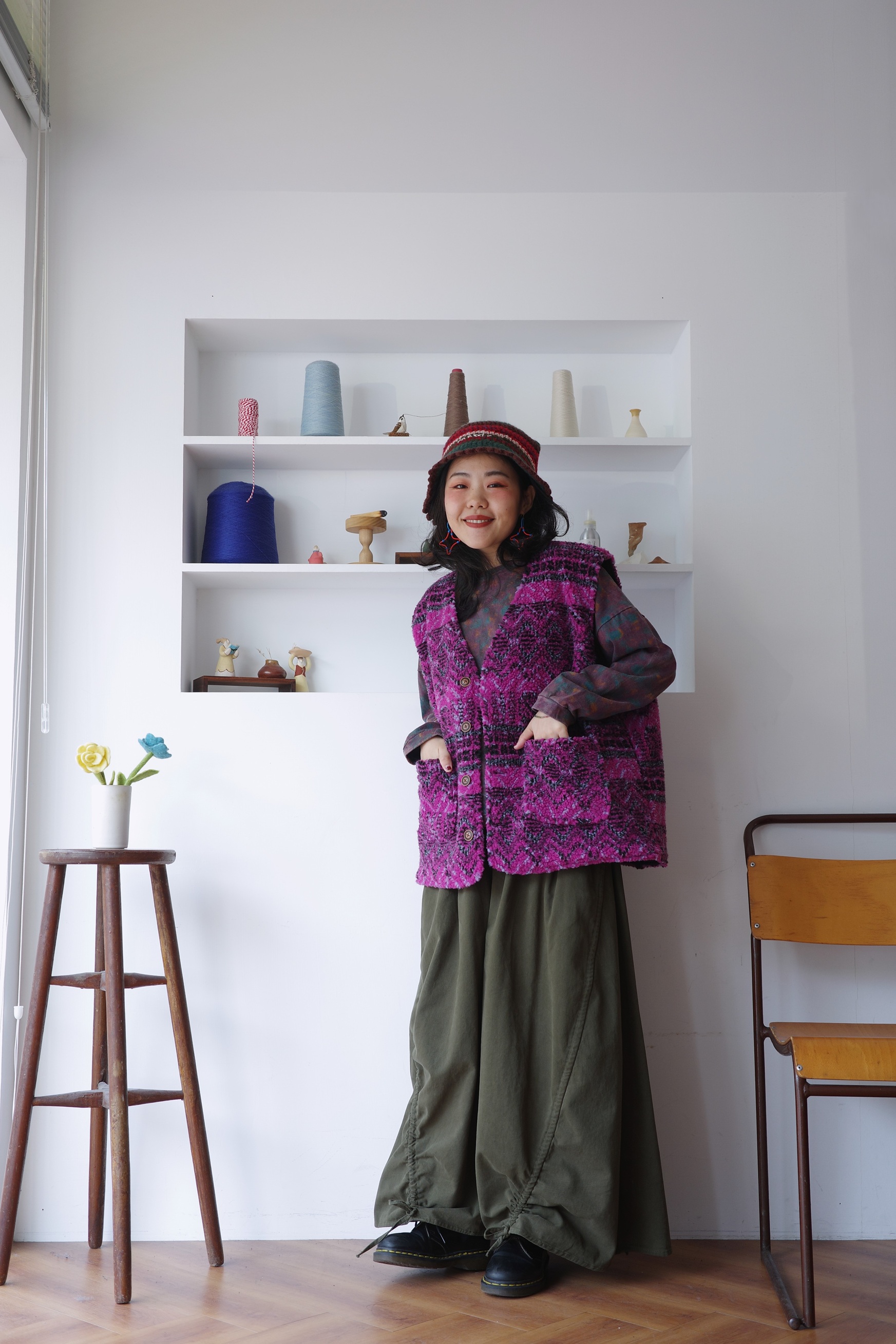 𓏭山系女孩圖紋毛毛絎縫雙面穿鬆身背心