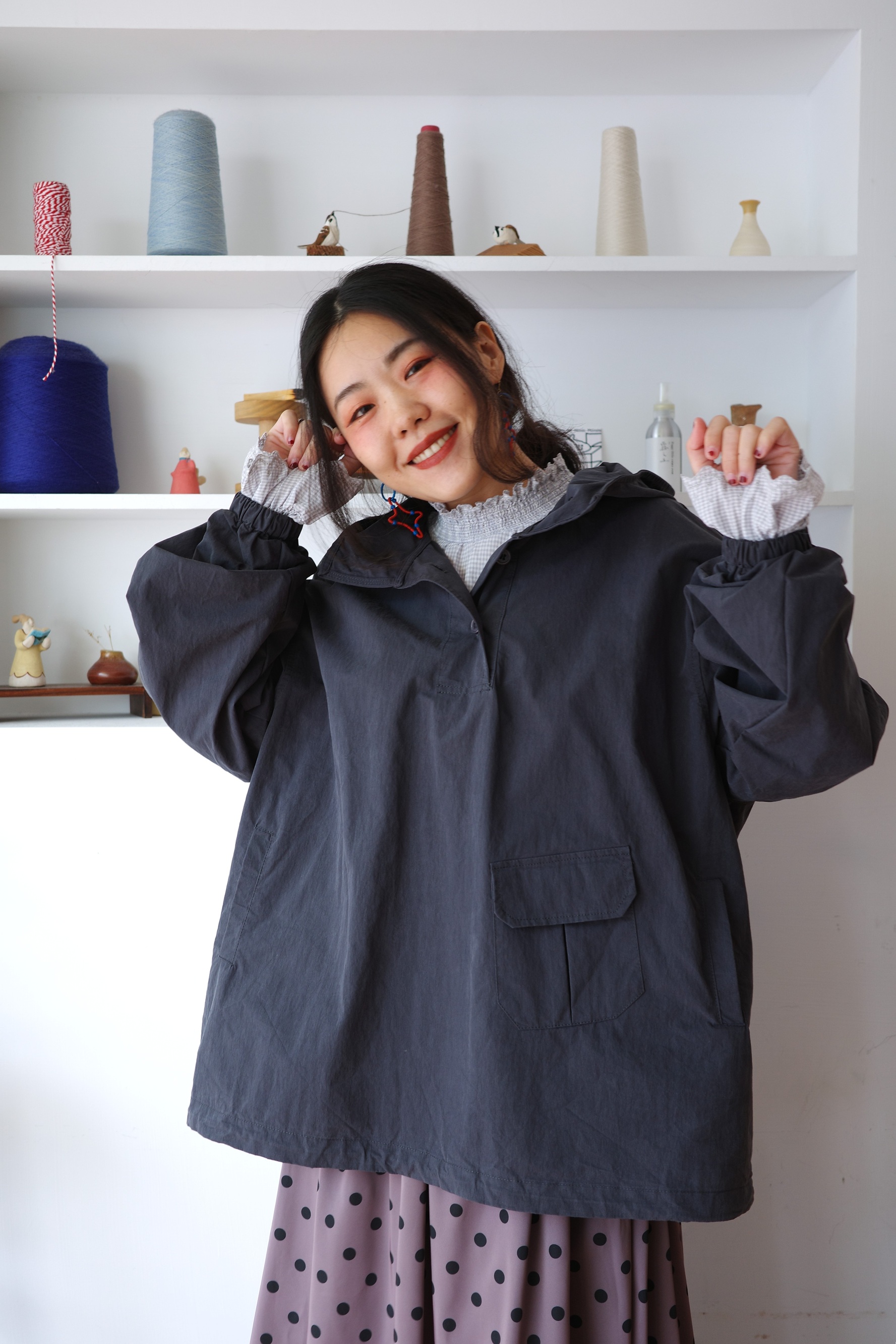 𓏭多口袋立領素色套頭式風衣外罩