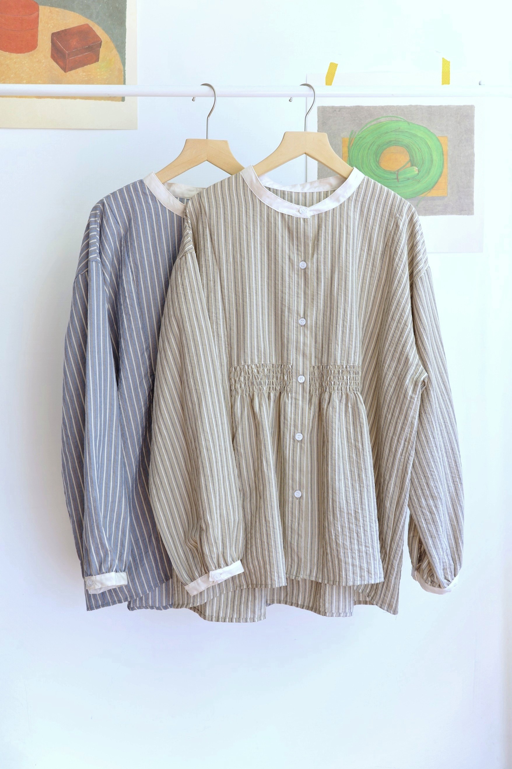 𓏭縮摺配色滾邊領直紋襯衫