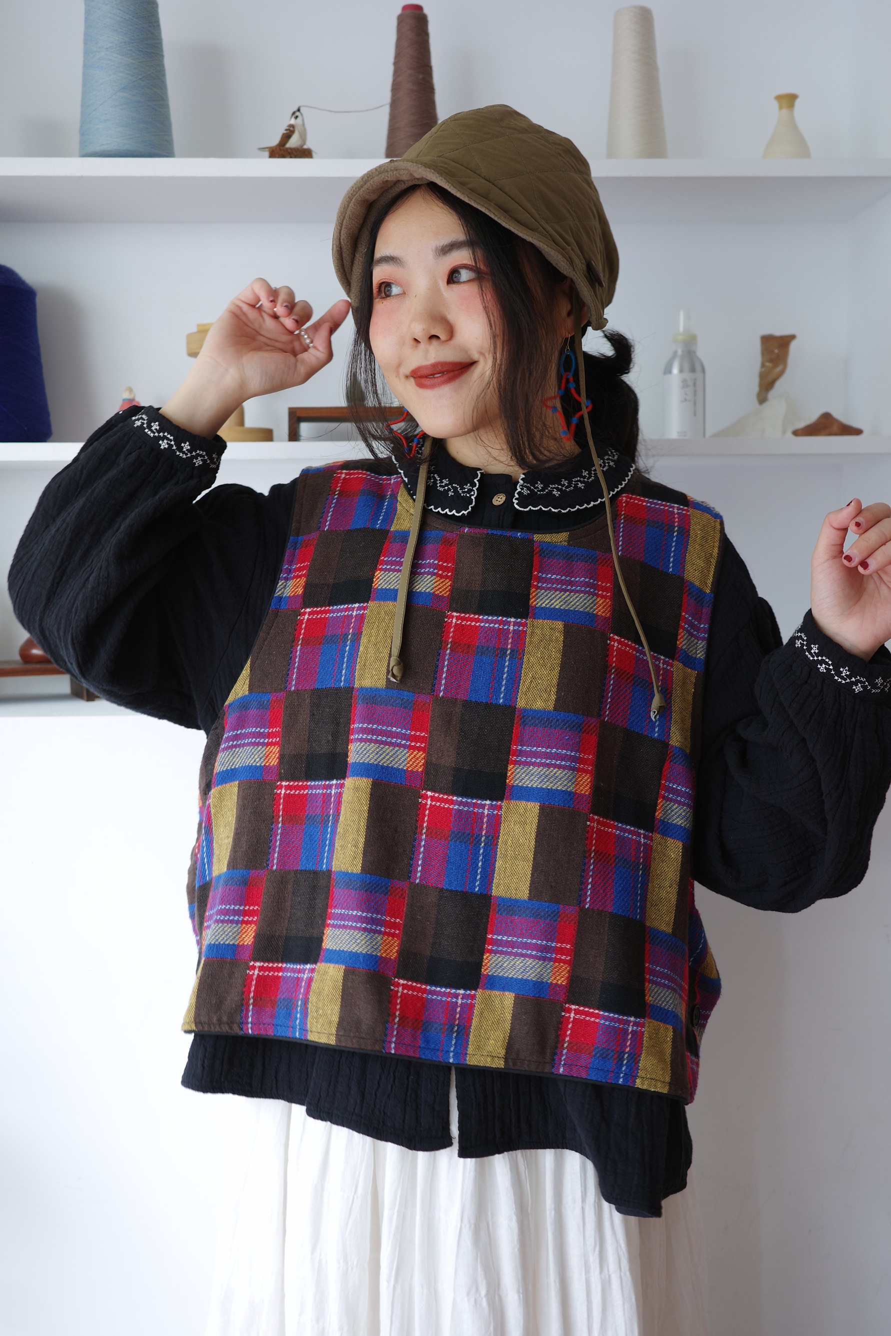 𓏭側開釦格紋拼布短寬背心