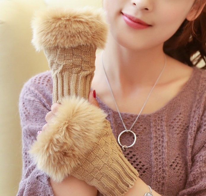 秋冬仿兔毛半指手套