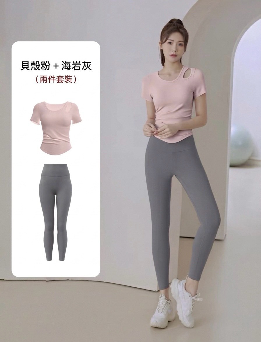 【帶胸墊】肩簍空短袖瑜珈健身運動套裝(上衣/套裝)10