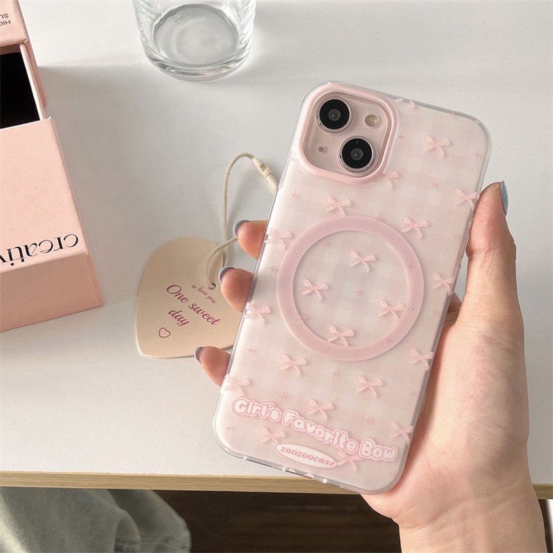 磨砂粉格蝴蝶結磁吸支架手機殼|iPhone 13-17系列4
