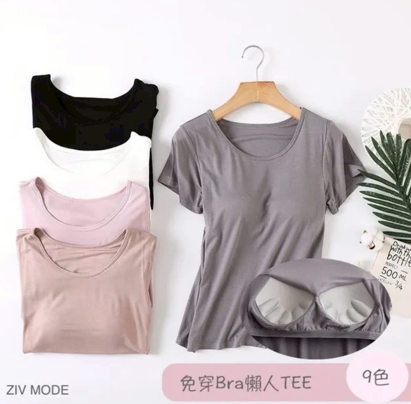 『懶人必穿★免穿內衣TEE』莫蘭迪色舒適清涼莫代爾五指集中型Bra短袖T恤M-3XL2