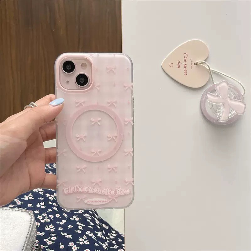 磨砂粉格蝴蝶結磁吸支架手機殼|iPhone 13-17系列7