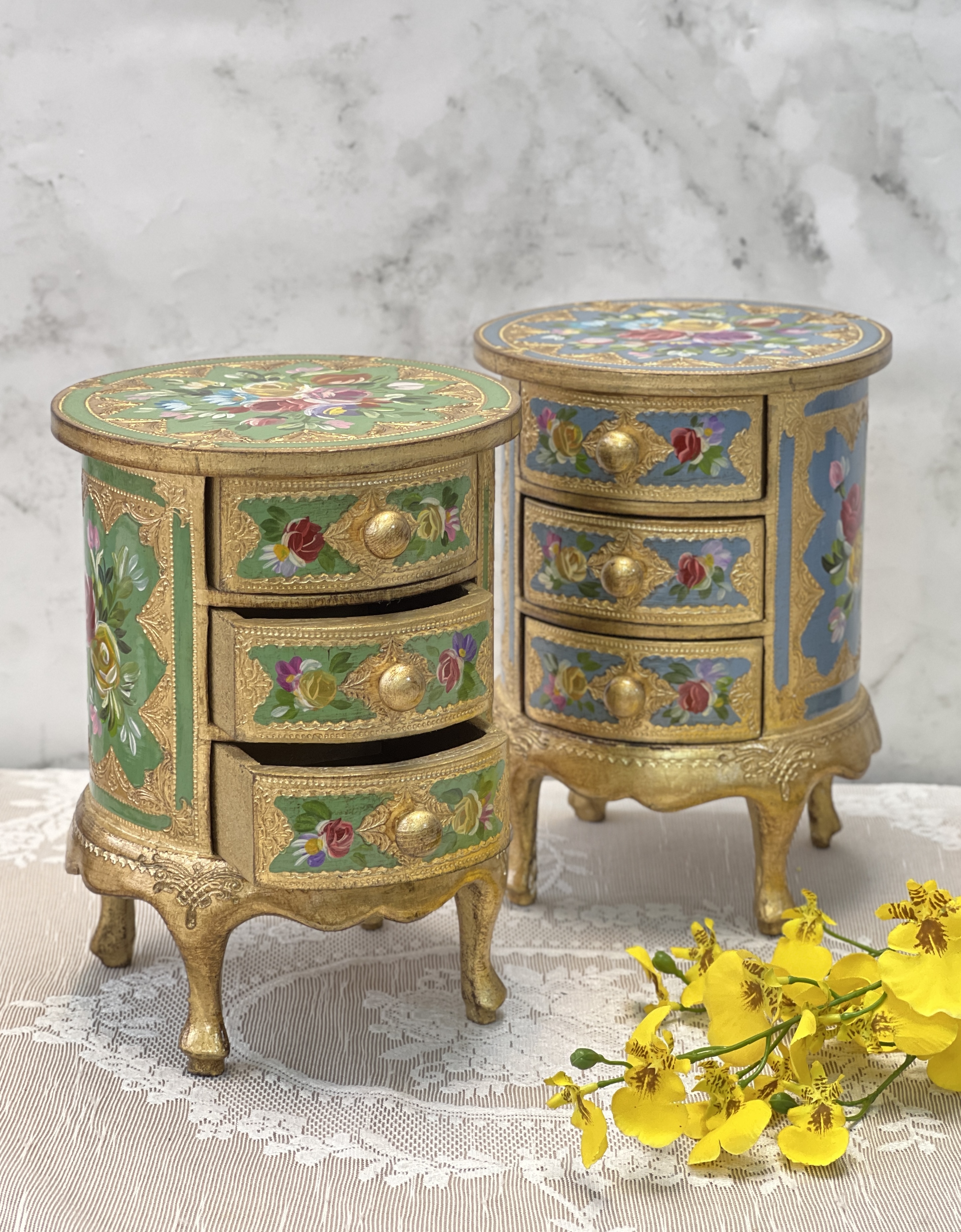 義大利佛羅倫斯手繪圓形/高腳三層珠寶盒2