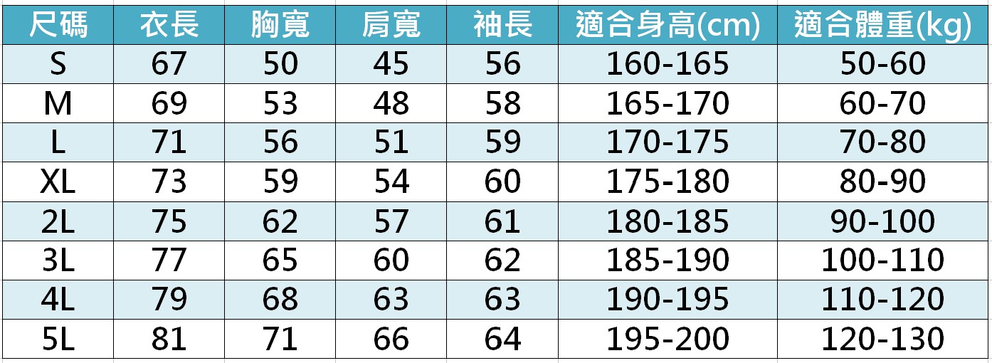 領口羅紋袖口束口精梳純棉上衣尺寸表