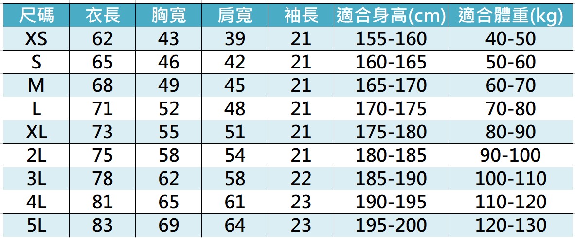 太子爺T恤尺寸表