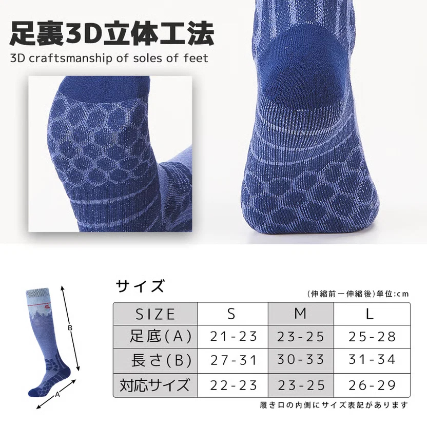 藍色3D立體織法滑雪長襪，足裏蜂巢止滑加厚，S/M/L尺寸對照表。