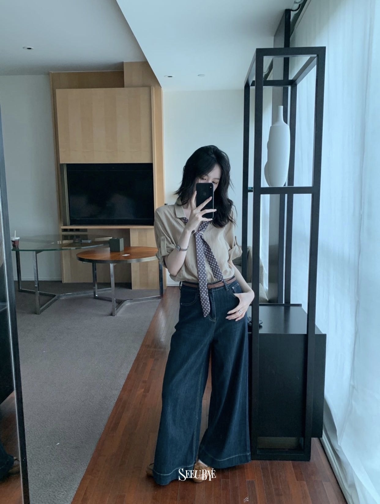 波點飄帶麻感襯衫7
