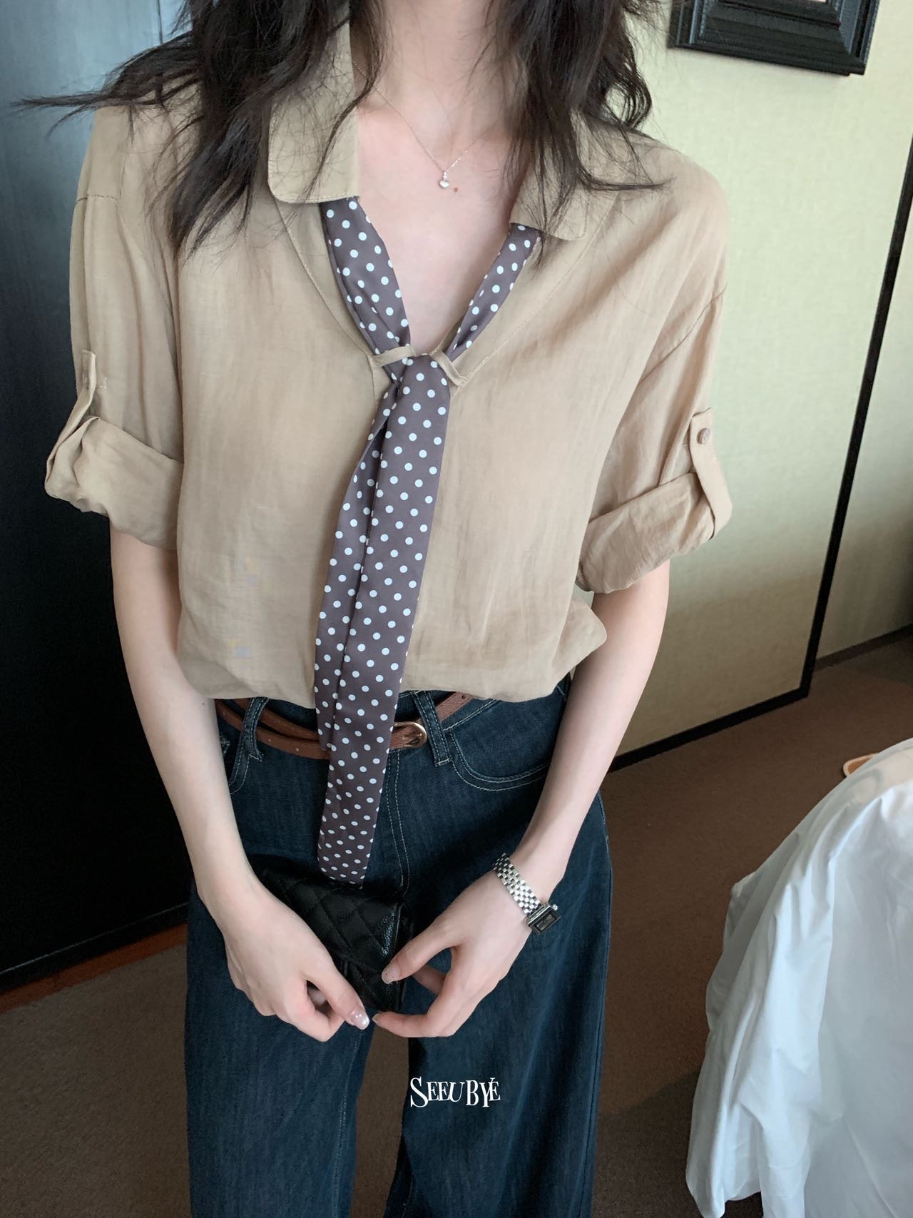 波點飄帶麻感襯衫1